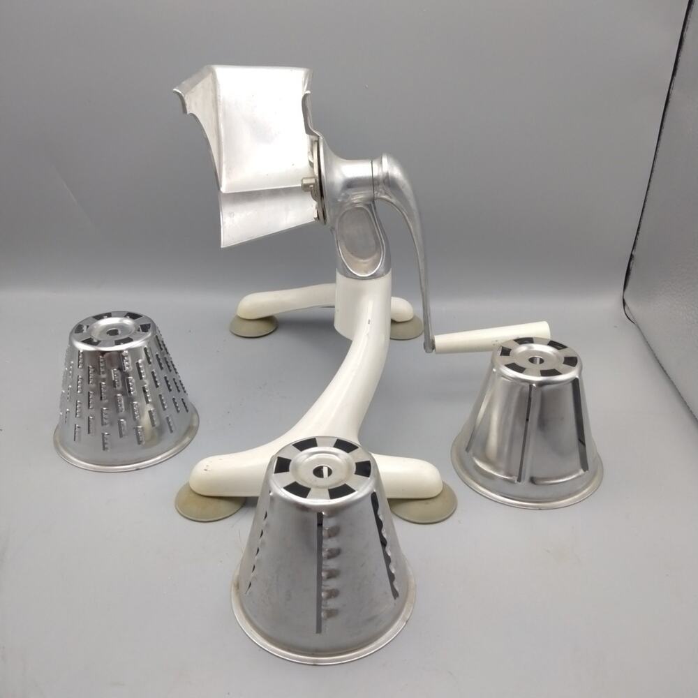 Vintage Magic Hostess Manual Crank Food Processor / Grater w/ 3 Cones